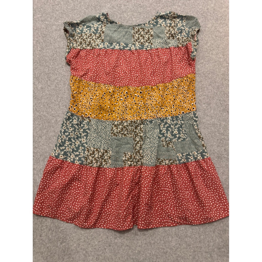 Mixed Print Patchwork Tiered Mini Dress V-Neck Cap Sleeve Terracotta CottagecorE - Picture 5 of 5